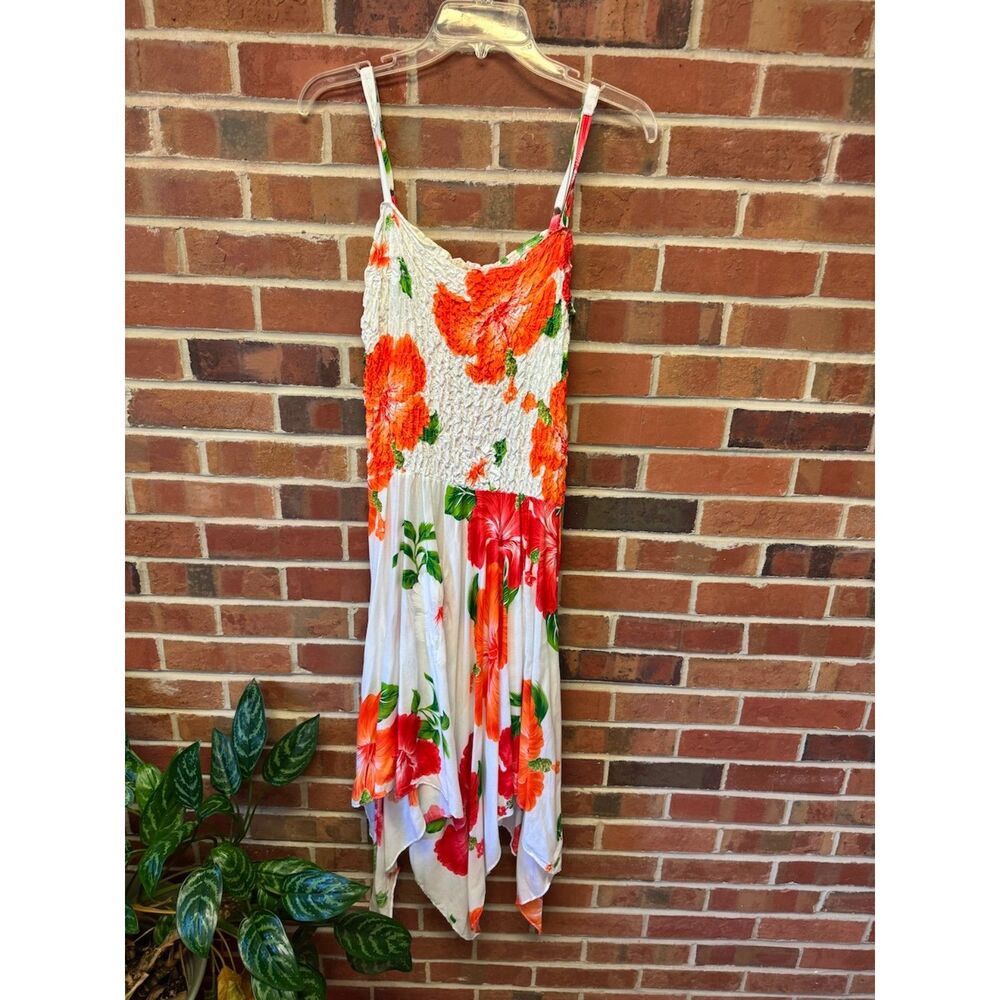 NWT Tropical Floral Smocked Sundress White Orange Handkerchief Hem